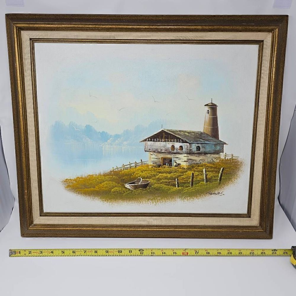 VINTAGE FRAMED RUSTIC HOUSE LIGHTHOUSE PAINTING FRAMED SIGNED GRAVES 21" X 25"